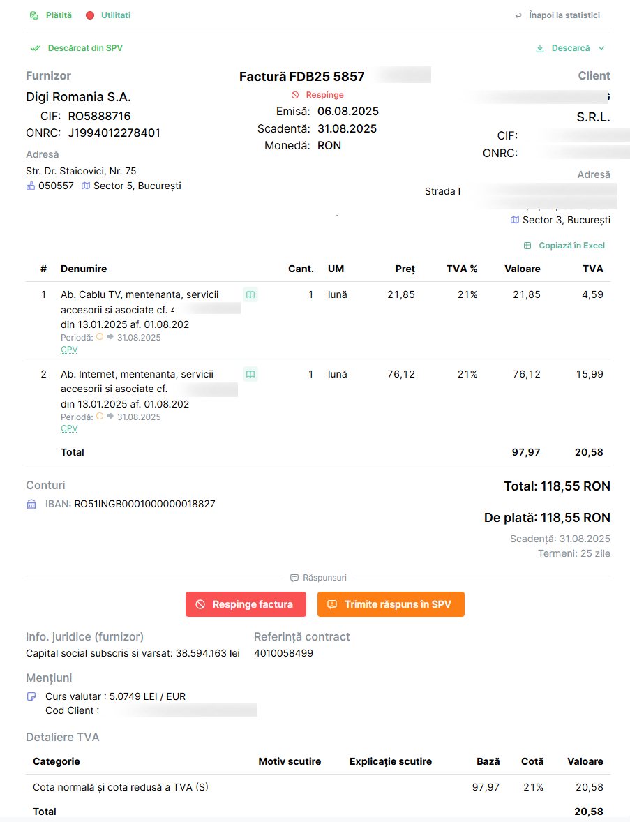 Interfață in-balanta.ro cu detalii complete ale e-Facturii